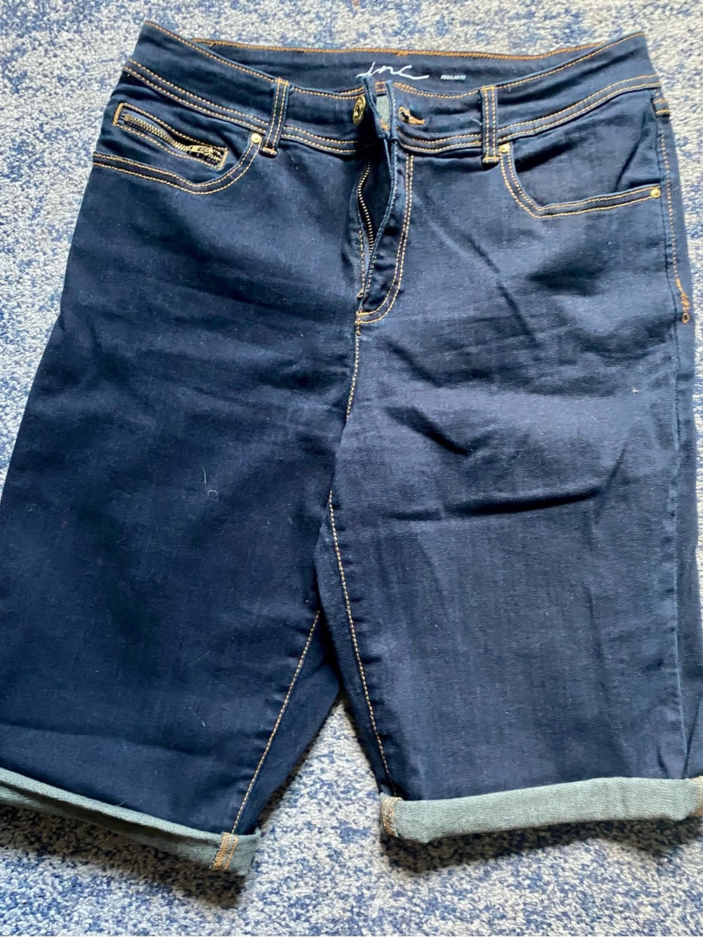INC International Concepts Navy Blue Denim Shorts with Gold Stitching - Picture 2 of 6